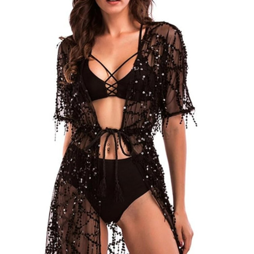 Women Lingerie Sequins Sexy Long Dress Sheer Gown Kimono Robe